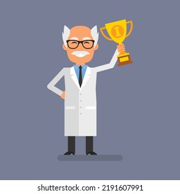 Old professor holding golden cup. Flat people. Vector Illustration