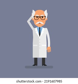 Un viejo profesor sostiene su cabeza. Gente plana. Ilustración vectorial