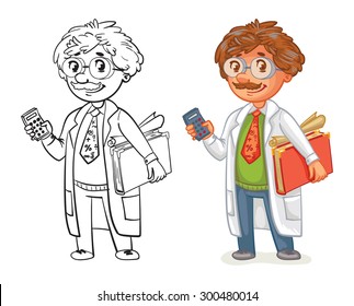 Old professor in lab coat. Funny cartoon character. Vector illustration. Isolated on white background. Coloring book. Color and black and white image