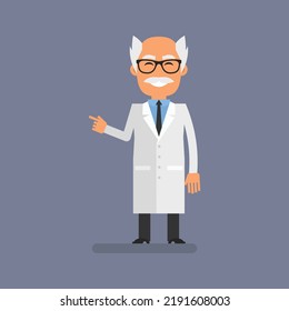 El viejo profesor señalando con el dedo. Gente plana. Ilustración vectorial