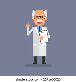 Old professor pointing finger up and holding tablet. Flat people. Vector Illustration