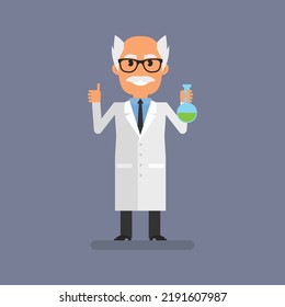Old professor showing thumbs up and holding test tube. Flat people. Vector Illustration