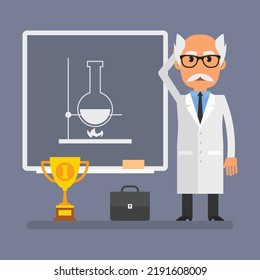 Old professor stands next to school board and holding his head. Flat people. Vector Illustration