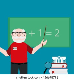 old professor  teaching  to add on green board