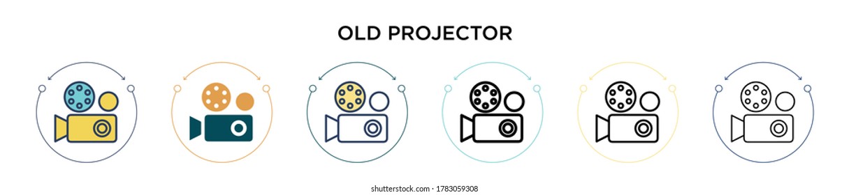 Old projector icon in filled, thin line, outline and stroke style. Vector illustration of two colored and black old projector vector icons designs can be used for mobile, ui, web