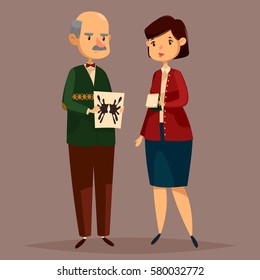 Old psychologist with paper of Rorschach test on it and woman with notepad. Man worker of mental psychology and female consulting therapist or psychiatrist with note.Psychological and consultant theme