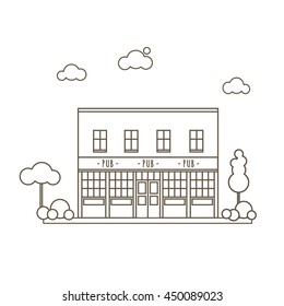 Old Pub Building Flat Style Line Vector Illustration