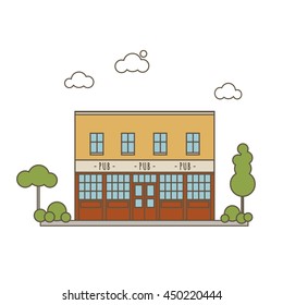 Old Pub Building Flat Style Line Vector Illustration