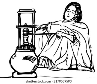 Old Punjabi Culture Painting, Punjabi Lady Churning Curd, Sketch Drawing Indian Punjabi Woman Making Lassi In Traditional Style, Silhouette Of Punjabi Girl