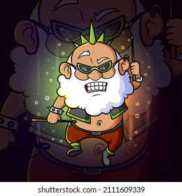 The old punk man with the drum stick esport logo design of illustration