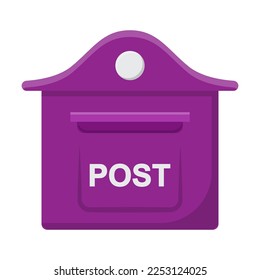 Old purple metal mailbox. Vector illustration of vintage street postbox for wall of house. Cartoon classic letterbox or box for envelopes in slot isolated white. Post service concept
