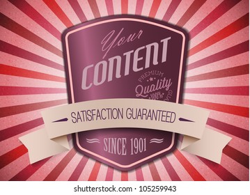 Old purple vector round retro vintage label on sunrays background