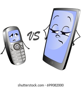 Old push-button phone versus a modern smart phone. Illustration of two cell phones.
Character of old push-button phone confronts with a character of a modern
smart phone.