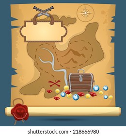 Old quest adventure pirate treasure paper map vector illustration