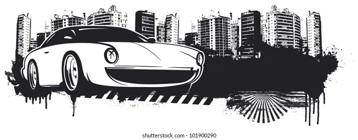 old racing car with grunge city background