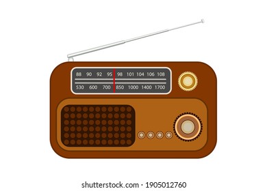 Old radio with antenna isolated on white background. Vintage portable radio receiver.World Amateur Radio Day.Technology for information broadcasting.FM recorder. Retro gadget.Stock vector illustration
