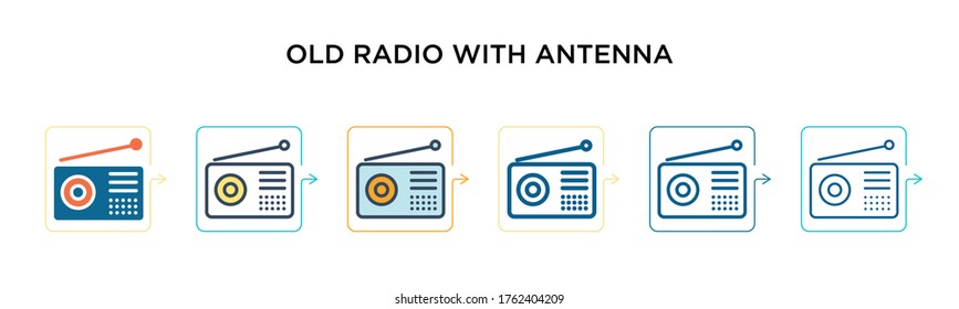 Old radio with antenna vector icon in 6 different modern styles. Black, two colored old radio with antenna icons designed in filled, outline, line and stroke style. Vector illustration can be used