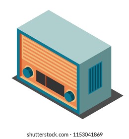 Old radio in isometric style. Vector illustration of vintage musical equipment.