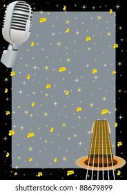 The old radio microphone and an abstract image guitar at the starry sky and musical notes.