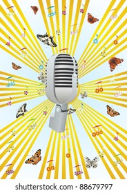 The old radio microphone on the background of musical notes and flying butterflies