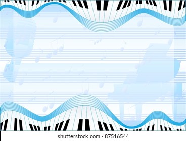 The old radio microphone and a piano in the background of musical notes and piano keys abstract images