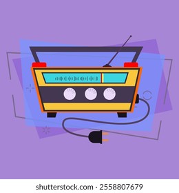 Old radio receiver. Retro set with handle, volume control, antenna and cord. Vector illustration can be used for topics like broadcasting, communication, news listening