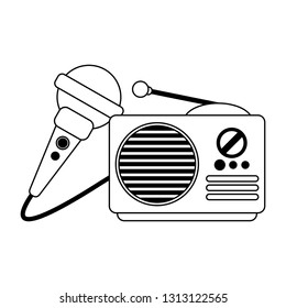 old radio stereo and microphone in black and white