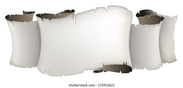 Old ragged parchment scroll on white background