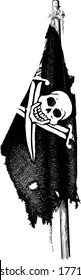 old ragged pirate flag jolly roger hanging on a mast on a white background