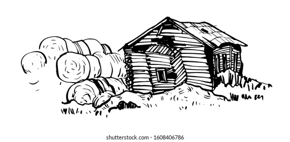 An old ramshackle barn with hay. Drawing on a white background, drawn by hand, vector graphics.