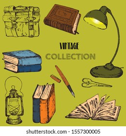 Old rare books and antiques collection vintage sketch vector illustration. Vintage books, lantern, lamp and pen antique, ancient bookmark poster for book shop fair design.