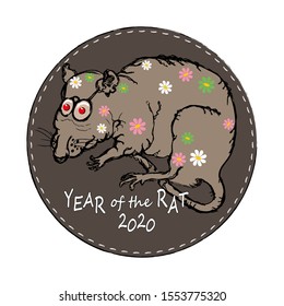 Old rat decorated with flowers. Below the inscription - Year of the Rat 2020. Cartoon character. Sign, icon, emblem, symbol. Vector illustration