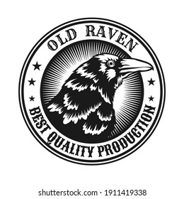 Old raven emblem design. Monochrome element with wild crow head vector illustration with text. Horror concept for stamps and labels templates