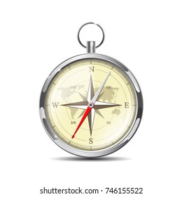 Old realistic navigation compass isolated on white. Glossy Compass with windrose for travel orientation. Vector illustration