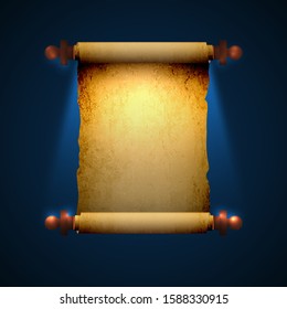 Old realistic scroll with wooden handles glowing in bright light on a dark background. Vector illustration.