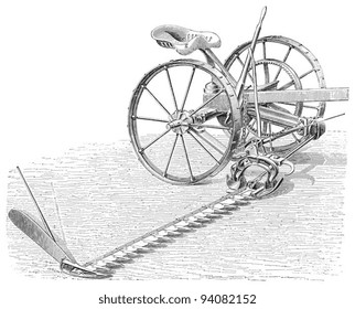 Old reaper (mowing machine) - Vintage illustration / illustration from Meyers Konversations-Lexikon 1897