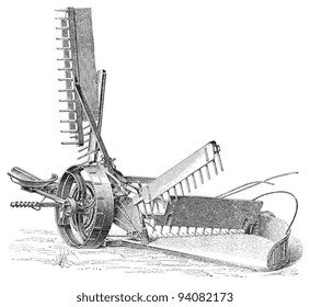 Old reaper (mowing machine) - Vintage illustration / illustration from Meyers Konversations-Lexikon 1897
