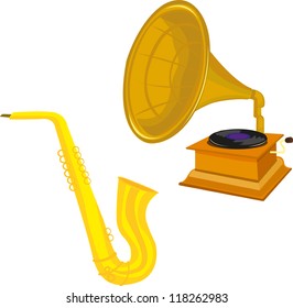 Old record player over white background. Retro image