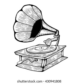 Old record player over white background. Gramophone. Vector illustration.
