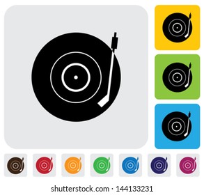 Old record player(turntable) symbol(icon)-minimalistic vector graphic. The illustration has a simple icon green,orange & blue backgrounds & is useful for websites,blogs,documents,printing,etc