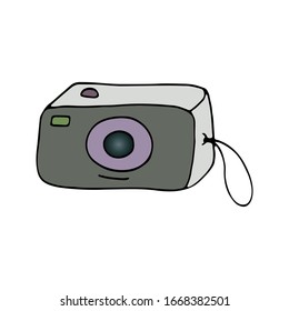 Old rectangular camera with lens and strap. Design for camping, outdoor activities and travel. Hand drawn vector. Illustration isolated on white background.