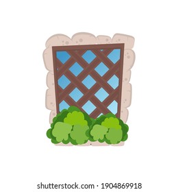 Old rectangular window with stone cladding and greenery on the windowsill. Wooden lattice on an old window. Isolated. Vector.