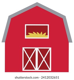 Old red barn with straw sticking out of the window vector cartoon illustration