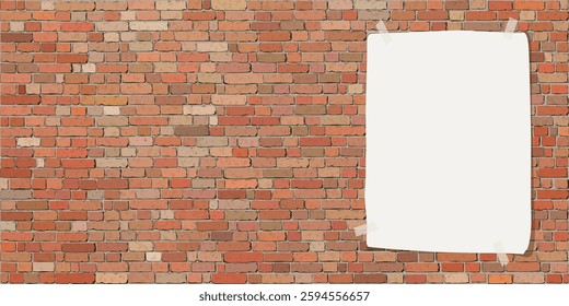 Old red brick block wall rough texture background with old blank white poster graphic illustration.