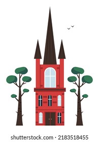 Antigua iglesia de ladrillo rojo con arañas góticas. Edificio de arquitectura medieval. Isolación en ilustración vectorial blanca