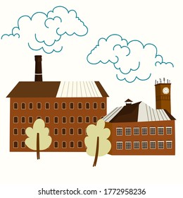 Arquitectura de la ciudad de ladrillo rojo antiguo. Ilustración vectorial en estilo dibujado a mano. Casas, árboles y nubes de estilo minimalista. 

