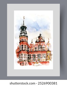 Old red building with tower with flag on top under blue sky on print. Watercolor poster. Artwork with architectural landmark and historically valuable building, in frame with decor for wall art