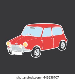 Old red car. Light outline and dark background. Vector illustration.