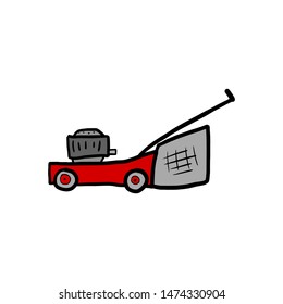 Old red cartoon lawn mower sketch. Childish isolated ink illustration on white.