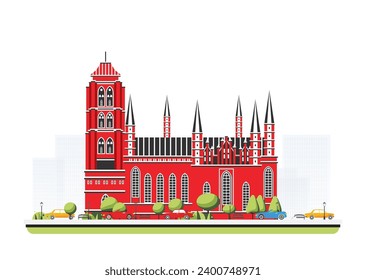 Old red cathedral building in flat style with trees and cars. Vector illustration. City scene isolated on white background. Urban architecture. Medieval church.